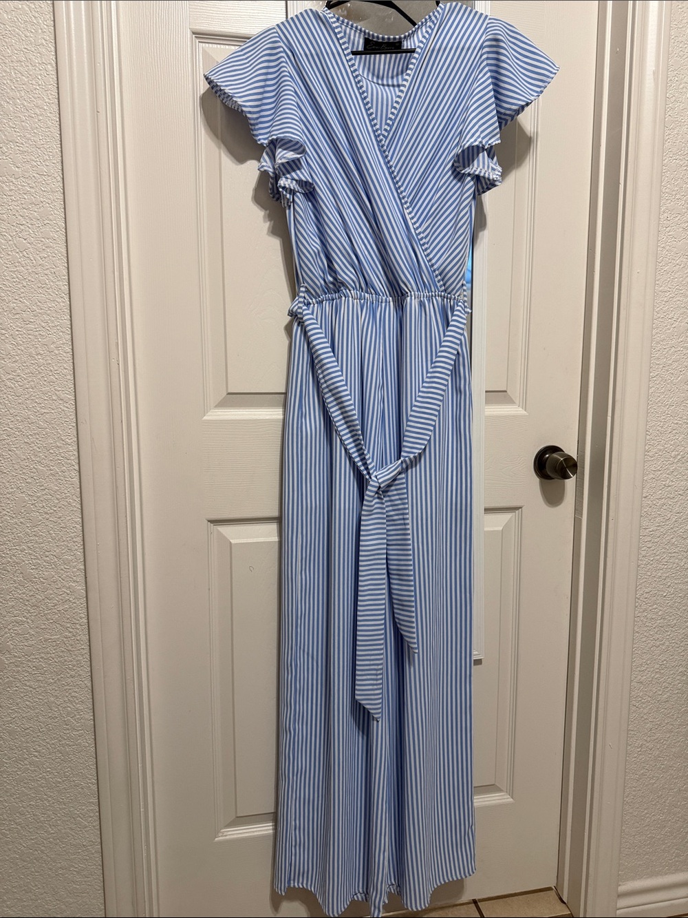 Striped Light Blue Wrap Jumpsuit with Tie Waist
